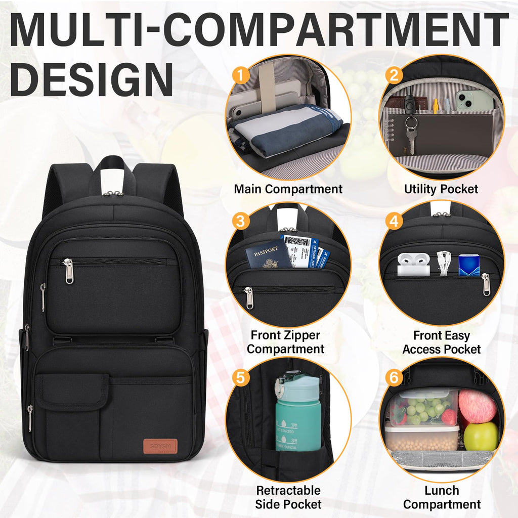 SDYSM Lunch Backpack for Men Women 15.6 Inch Laptop Backpack with USB Charging Port, Waterproof Work Backpack with Insulated Lunch Compartment Suitable for Work, Travel, College,Black