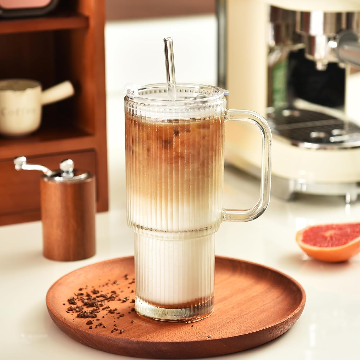 ALINK 2 Pack 26 oz Ribbed Glass Tumbler with Handle Lid and Straw,Glassware Set Ripple Large Iced Coffee Cups, Aesthetic Glass Travel Tumbler for Hot & Cold Beverages, Smoothies, Tea and Juice
