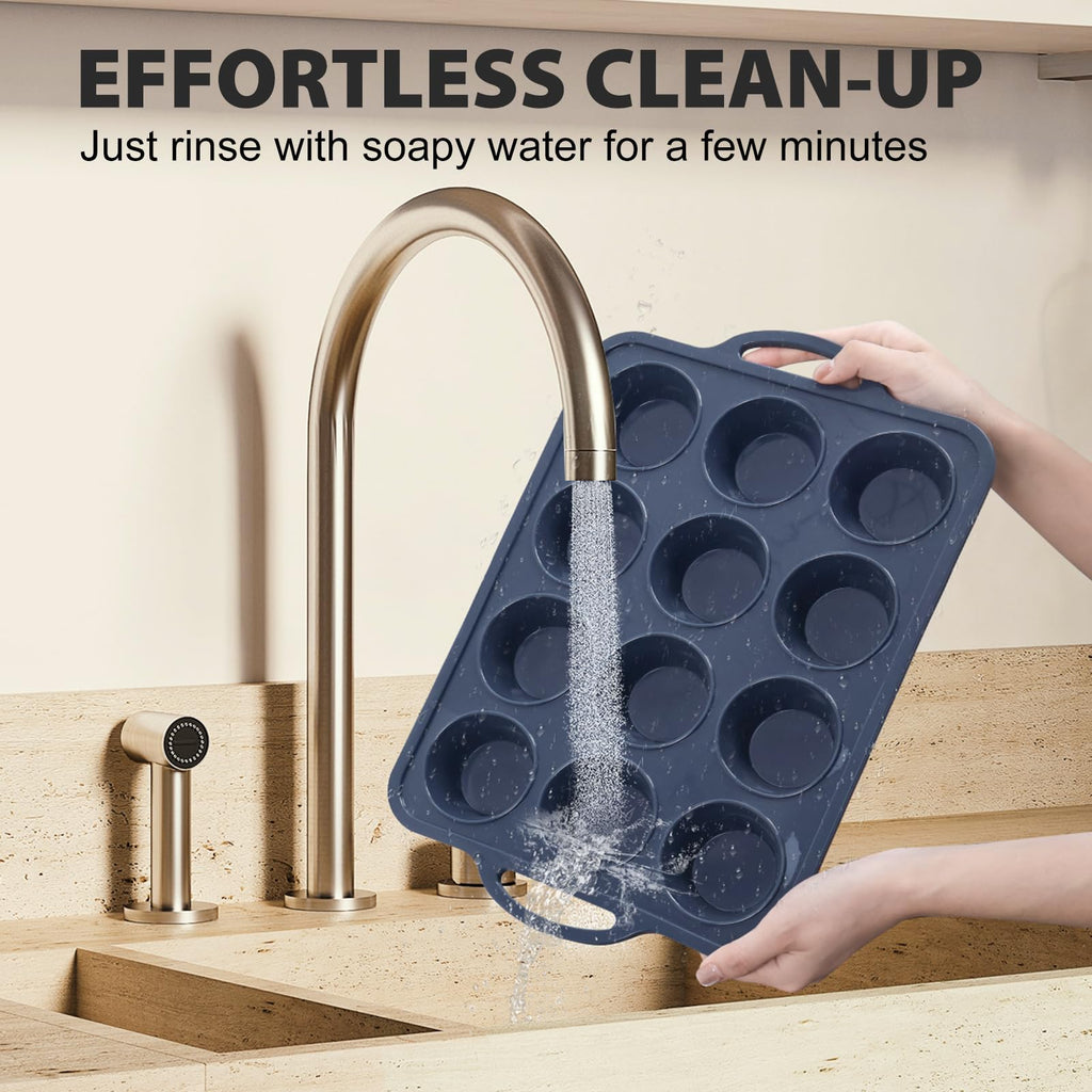 2 Pack Silicone Muffin Pan with Metal Frame, Non Stick Silicone Cupcake Pan with Handles Regular 12 Cup, BPA Free Silicon Muffin Tin Tray for Baking, Egg Bites, Cupcake Mold Grey