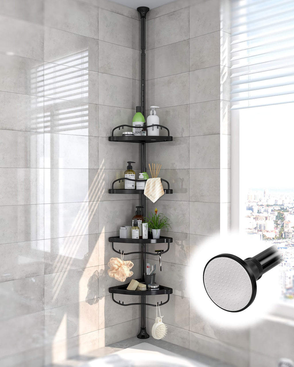 Shower Caddy Corner, 56 to 125 Inch Adjustable Tension Pole Corner Shower Caddy with ABS Baskets,Rustproof Stainless Pole, Drill Free Shower Rack, Large Shower Storage Shelf for Inside Shower