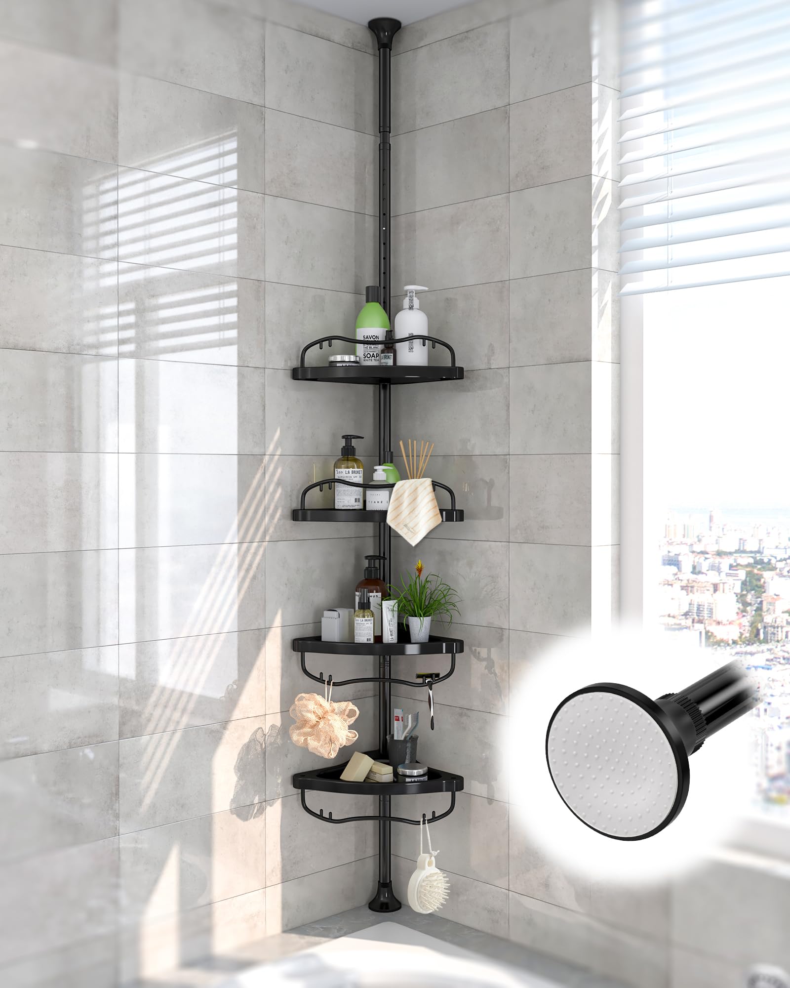 Shower Caddy Corner, 56 to 125 Inch Adjustable Tension Pole Corner Shower Caddy with ABS Baskets,Rustproof Stainless Pole, Drill Free Shower Rack, Large Shower Storage Shelf for Inside Shower