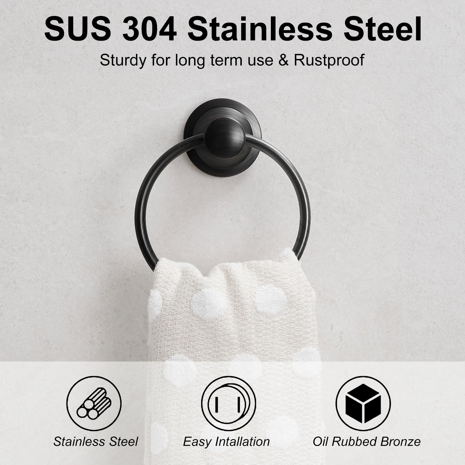 BESy Oil Rubbed Bronze Bathroom Hand Towel Ring Towel Holder, Rustproof Wall Mounted Bathroom Hardware Accessory SUS 304 Stainless Steel Towel Rack