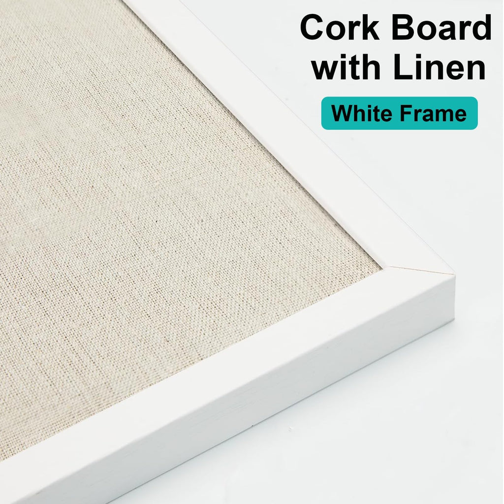 AMKIOKIO 24x36 Inch Linen Cork Board - Stylish Home Decor, Versatile Pinning Surface, Includes Hanging Kit, White-Framed