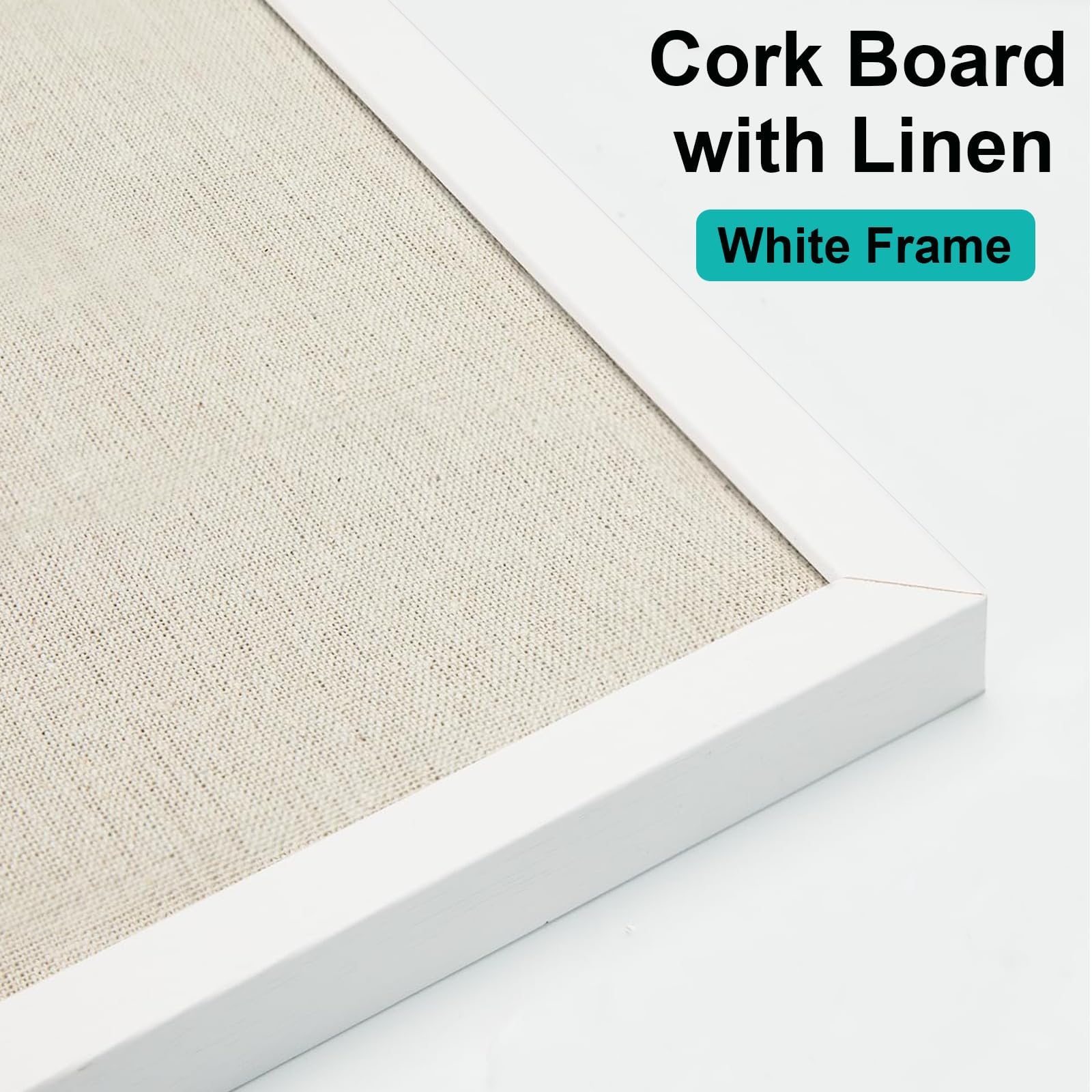 AMKIOKIO 24x36 Inch Linen Cork Board - Stylish Home Decor, Versatile Pinning Surface, Includes Hanging Kit, White-Framed
