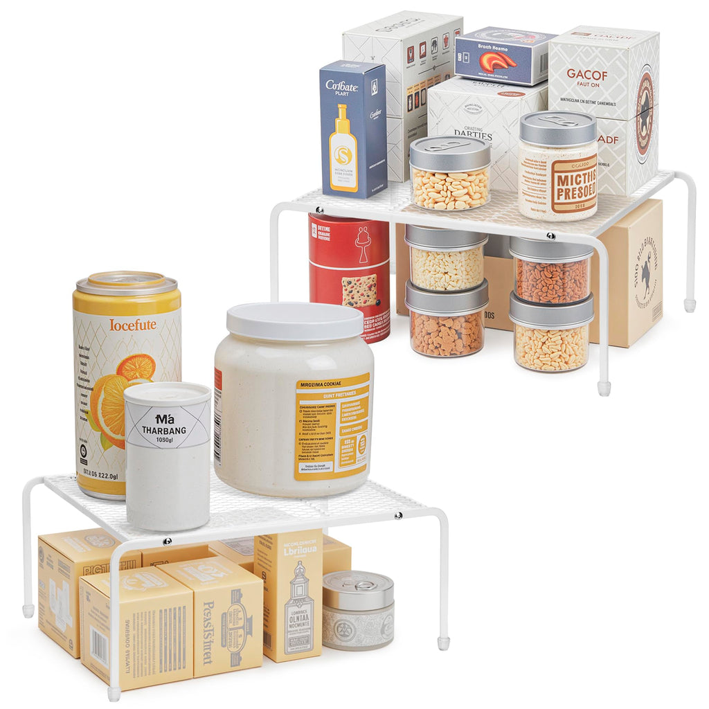 ROFAY 2-Pack Kitchen Cabinet Organizers and Storage Shelves, Metal Mesh Pantry Shelf Risers for Countertops and Cupboards, Expandable Rack for Dishes, Plates, Spices, and Jars - White