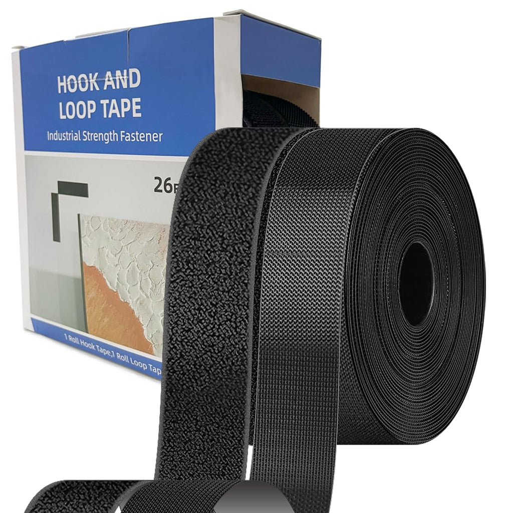 KRUI 26 Feet x 1 Inch Hook and Loop Tape Roll, Heavy Duty Industrial Fastener, Hook and Loop Strips with Adhesive, Sticky Back Fastener for Indoor Outdoor Use