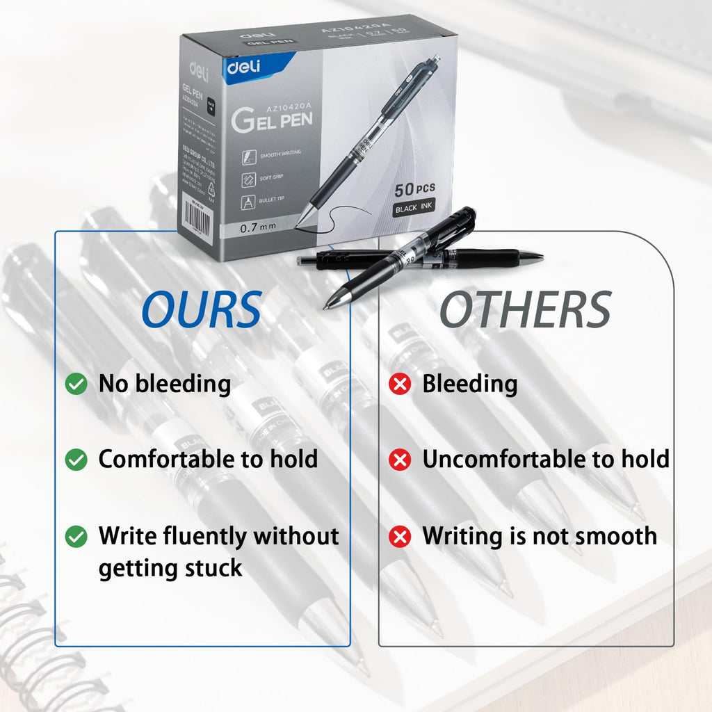 Deli Gel Pens, 50 Pcs Retractable Pens Black Ink, Medium Point Pen 0.7mm, Smooth Writing, Fast Dry, No Bleed for Journaling Note Taking, Home School Office Supplies