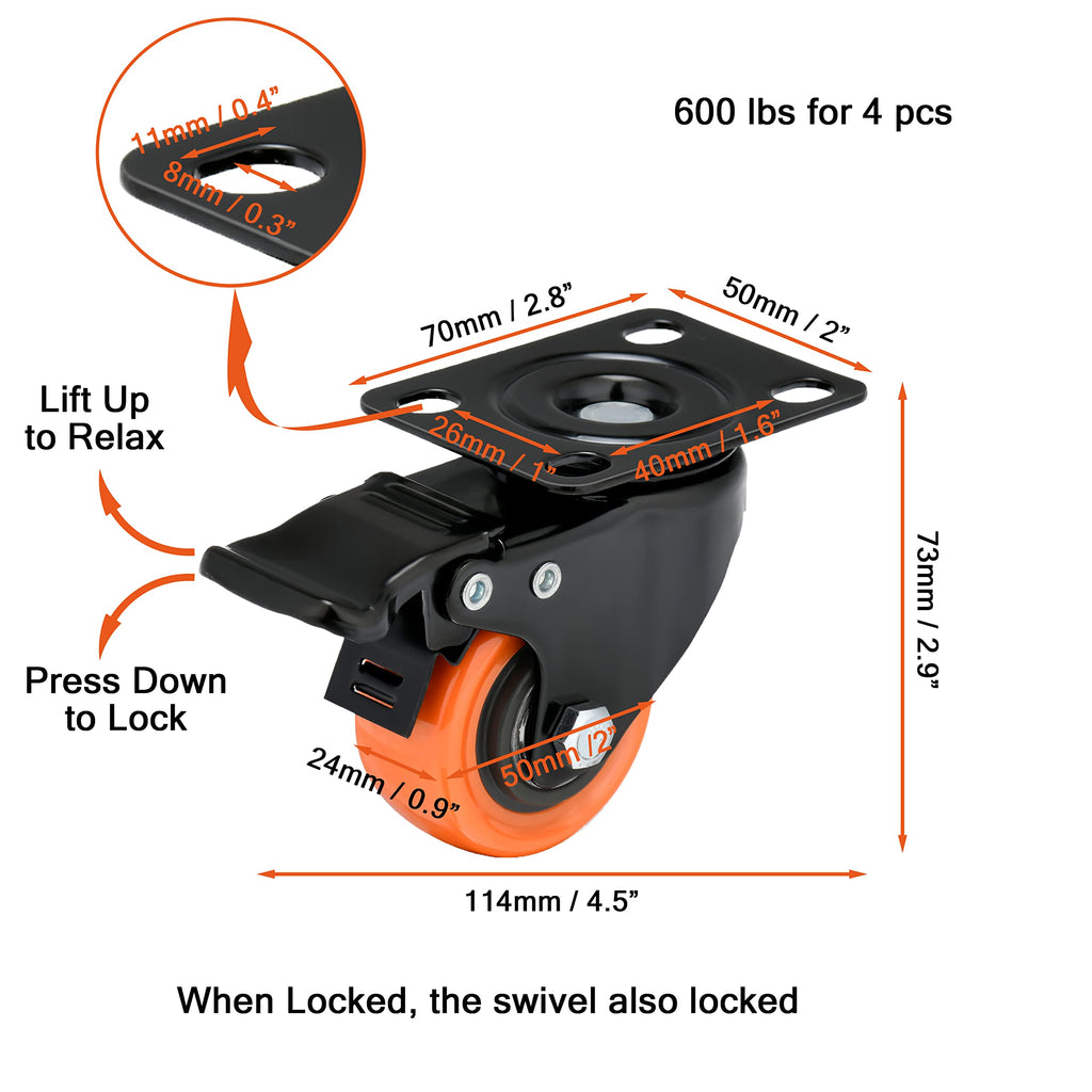 2 Inch Caster Wheels Load 600 Lbs,Orange Polyurethane Castors, Top Plate Swivel Wheels, Casters Set of 4, Locking Casters for Furniture and Workbench,4 Pack Casters with Brake