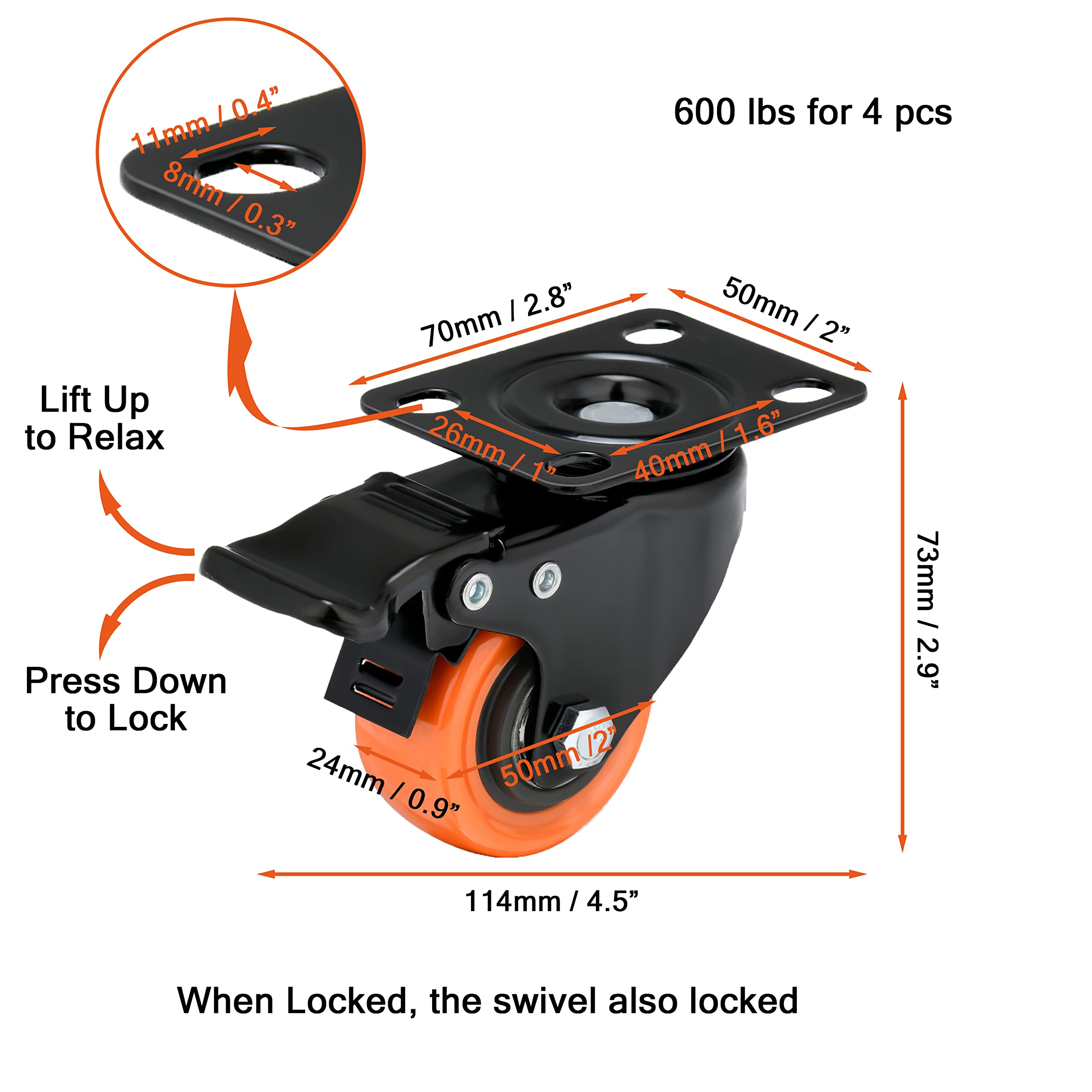 2 Inch Caster Wheels Load 600 Lbs,Orange Polyurethane Castors, Top Plate Swivel Wheels, Casters Set of 4, Locking Casters for Furniture and Workbench,4 Pack Casters with Brake