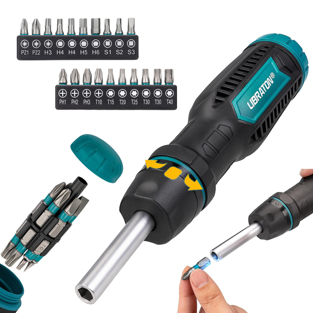 LIBRATON Ratcheting Screwdriver Set, Multi-bit Screwdriver Tool, 33-in-1 Magnetic Ratchet Screw Driver, Slotted/Philips/Pozi/Torx/Hex/Square Bits, Ergonomic Handle for Home, Auto & DIY