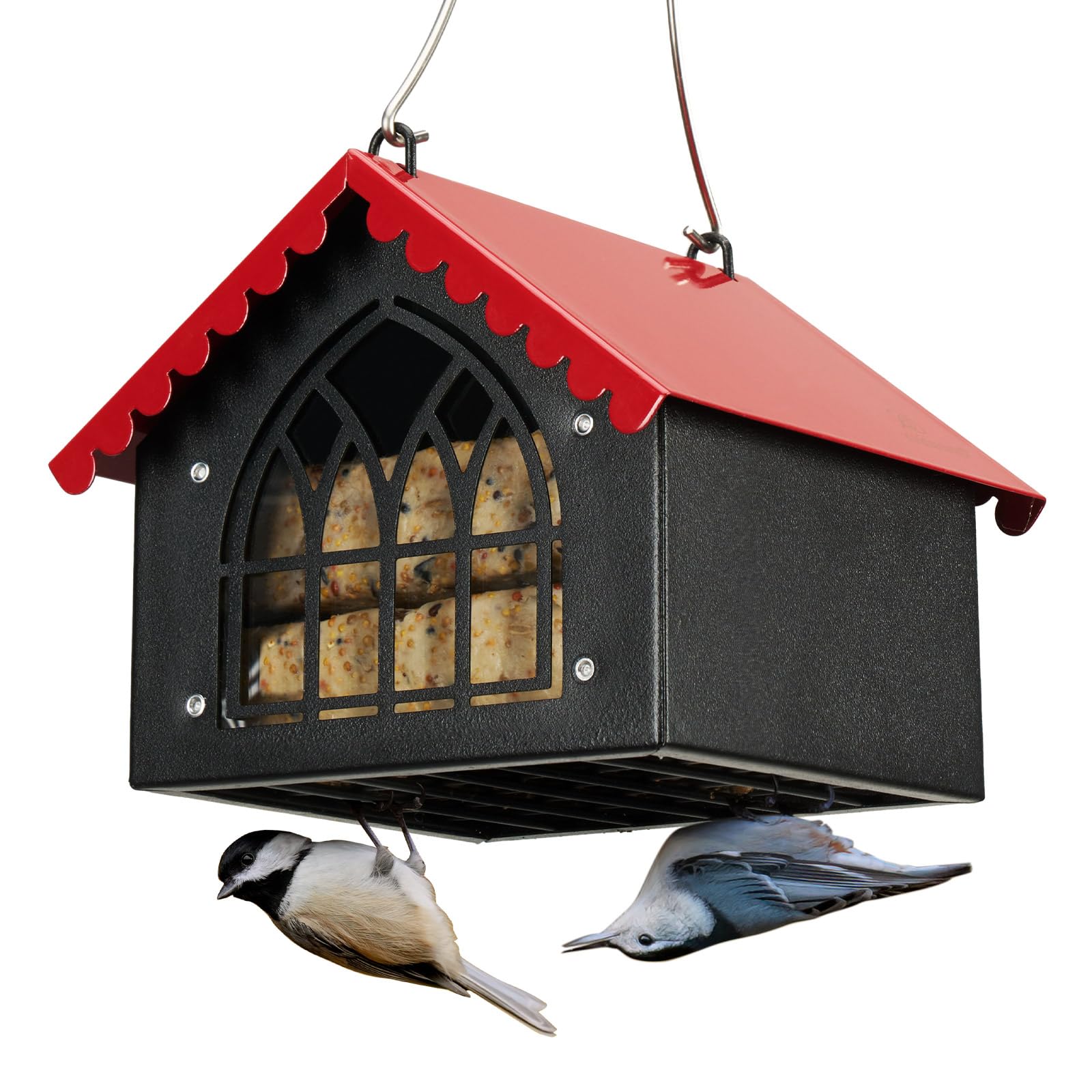 Kingsyard Double Suet Bird Feeder with Weatherproof Roof, All Metal, Upside Down Suet Feeders for Outdoors Hanging, Great for Downy Woodpecker Nuthatch Chickadee, Red
