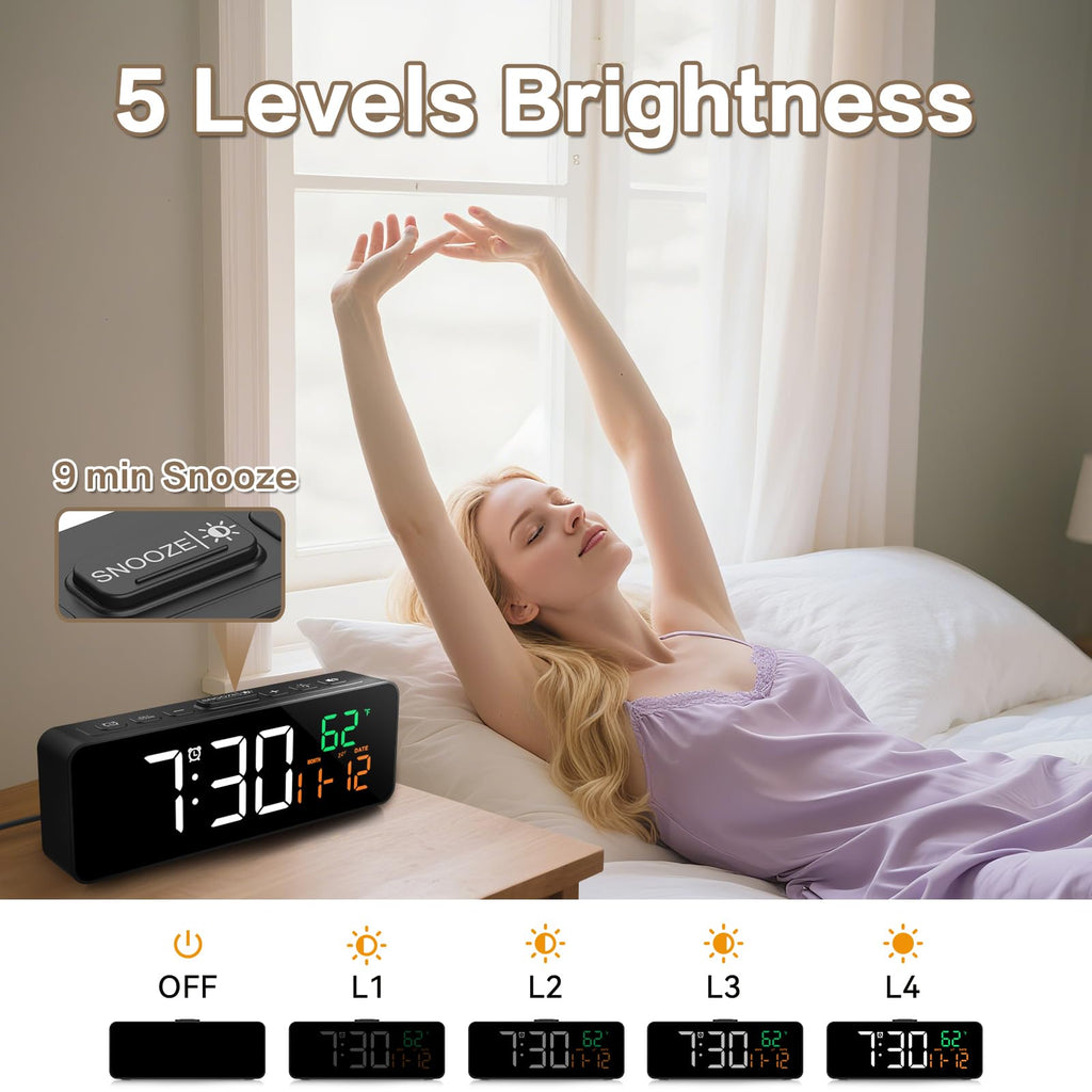 Netzu 3-in-1 Digital Clocks for Living Room with Temperature, Date & Time Display - 4 Levels Birghtness, 3 Volumes, Small Plug-in Alarm Clock for Bedroom, Office (Black)