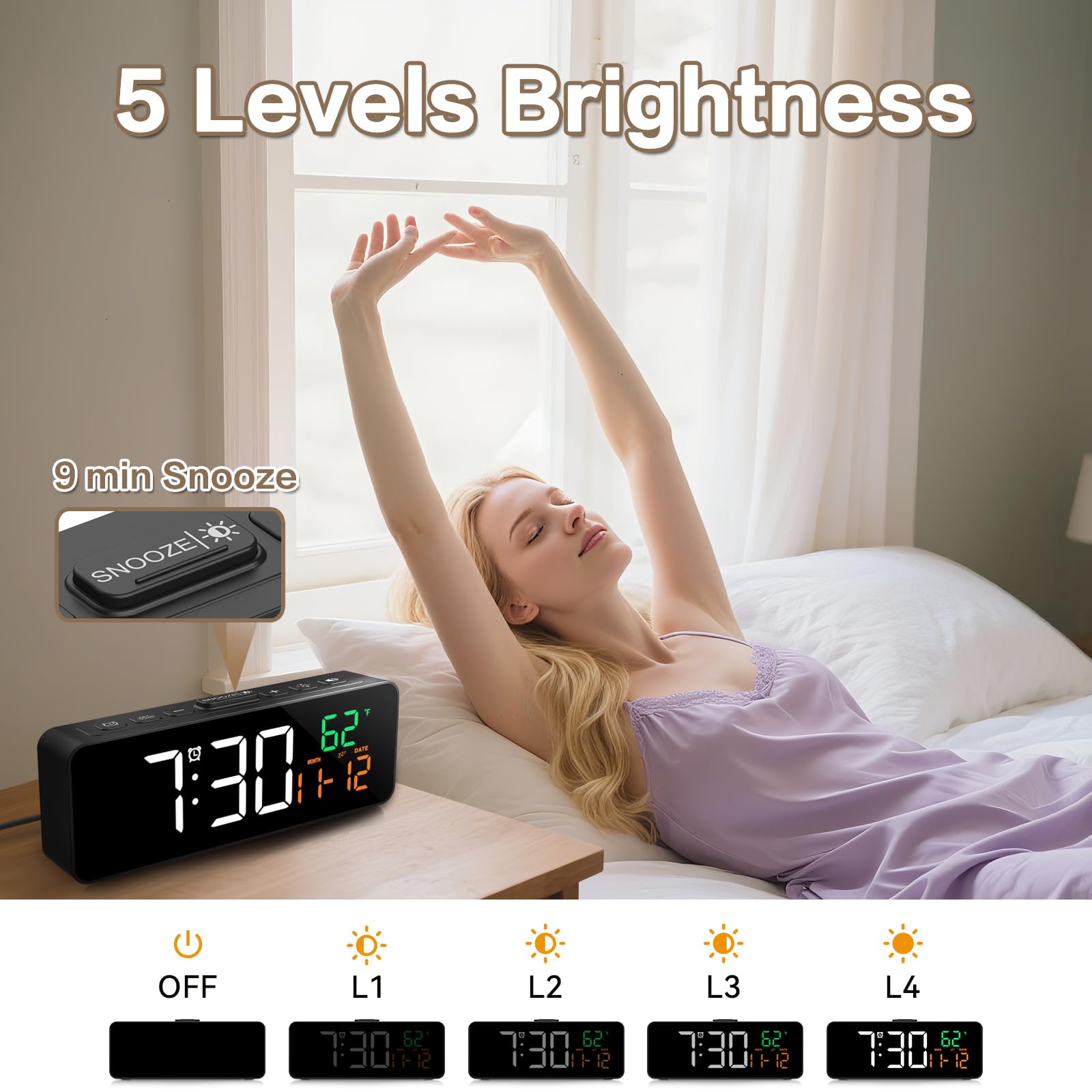 Netzu 3-in-1 Digital Clocks for Living Room with Temperature, Date & Time Display - 4 Levels Birghtness, 3 Volumes, Small Plug-in Alarm Clock for Bedroom, Office (Black)