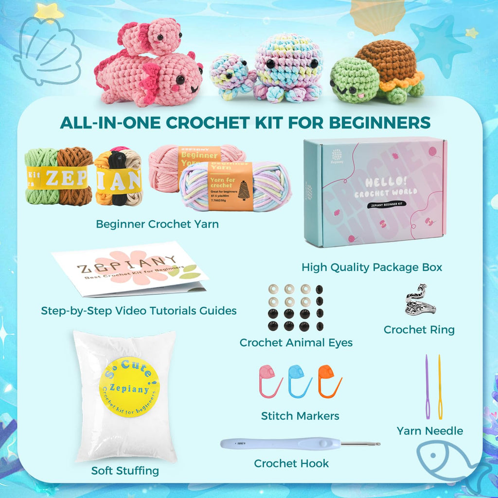 Crochet Kit for Beginners, 5 Pack Amigurumi Beginner Crochet Kit, Crochet Turtle Axolotl Octopus kit Crochet for Beginners, Crochet Animals Knitting Kit with Step-by-Step Video, Crafts for Adults