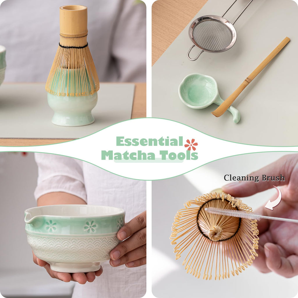 Matcha Tea Set, 8 Pcs Japanese Matcha Kit with Cherry Blossom and Wave Design Ceramic Bowl, Bamboo Whisk, Whisk Holder, Scoop, Sifter, Brush, Matcha Whisk Set for Matcha Lovers (Green Gradient)