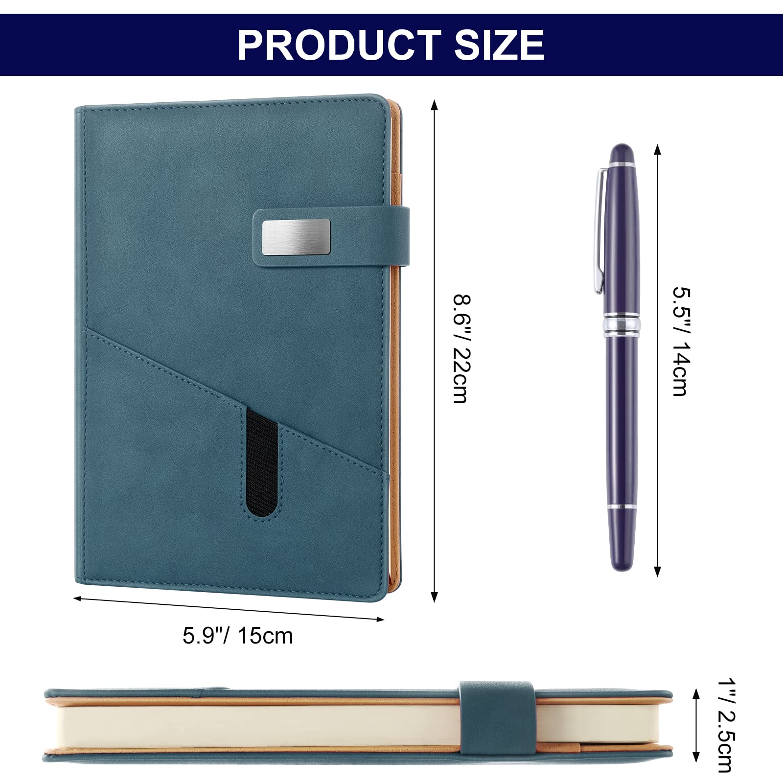 A5 Lined Leather Journal with Pen, 240 Pages Refillable Hardcover Notebook with Pocket and Magnetic Buckle, 80gsm Thick Daily Diary for Men and Women, Great Gift for Business School Travel Personal - Navy Blue