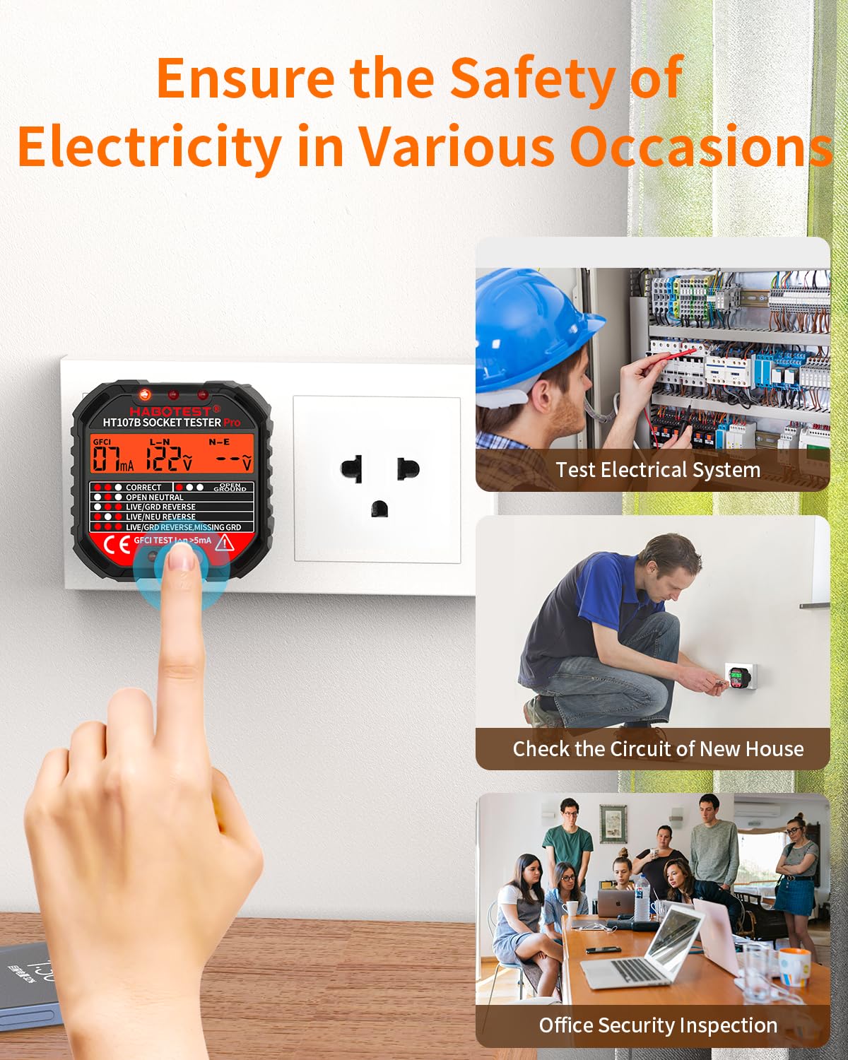 Outlet Tester Electrical GFCI Receptacle Detector with LCD Display, 90-250V Socket Tester, Circuit Polarity Voltage Detector, Plug Tester Breaker Finder with 6 Visual Indication CAT II 300V (CA Plug)