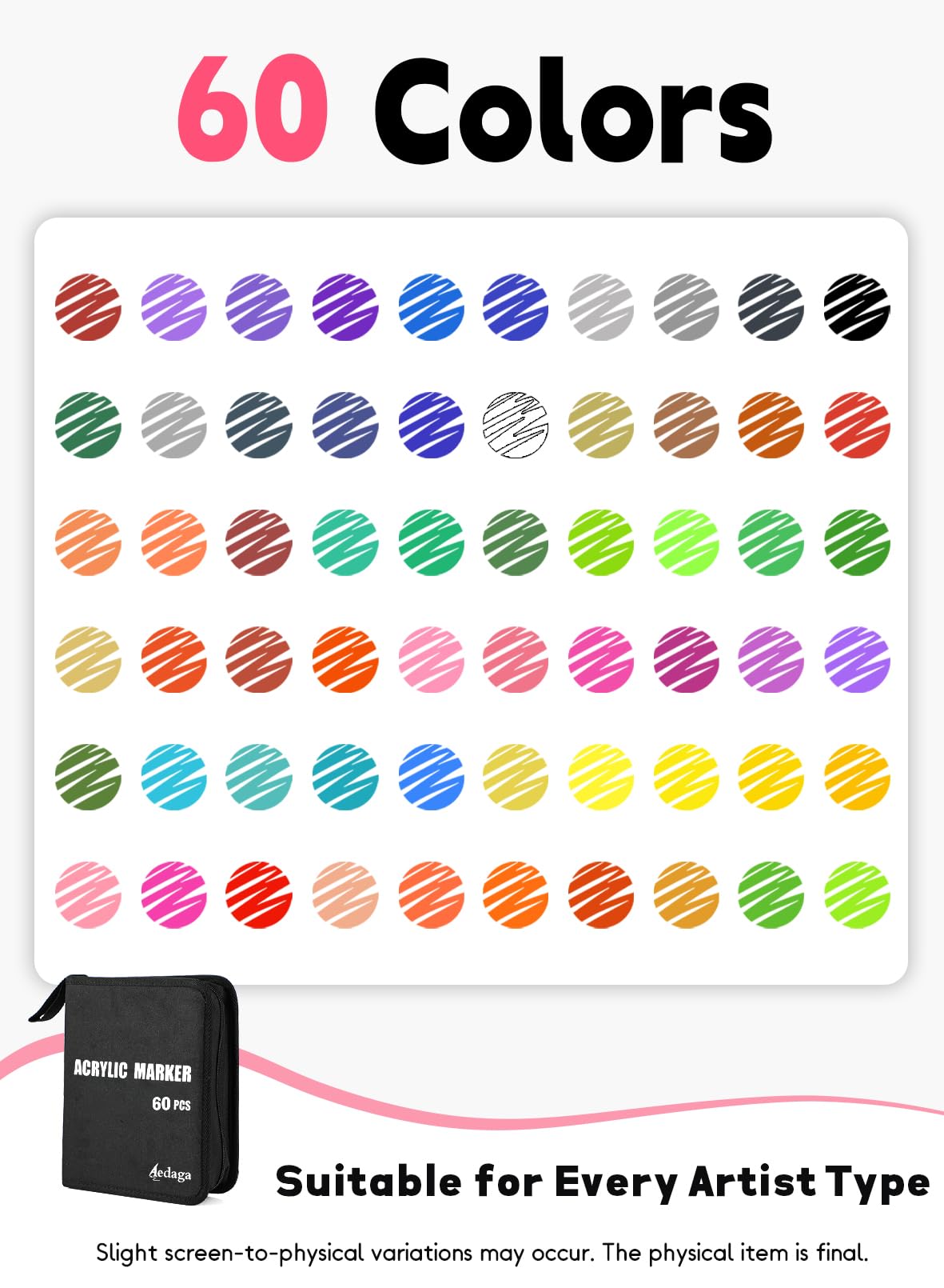 Fnooota 60 Colors Acrylic Paint Markers, Dual Tip Acrylic Paint Pens with Brush Tip and Fine Tip for for Adults, Eggs, Wood, Rock, Canvas, Plastic, Stone, Glass, Ceramic