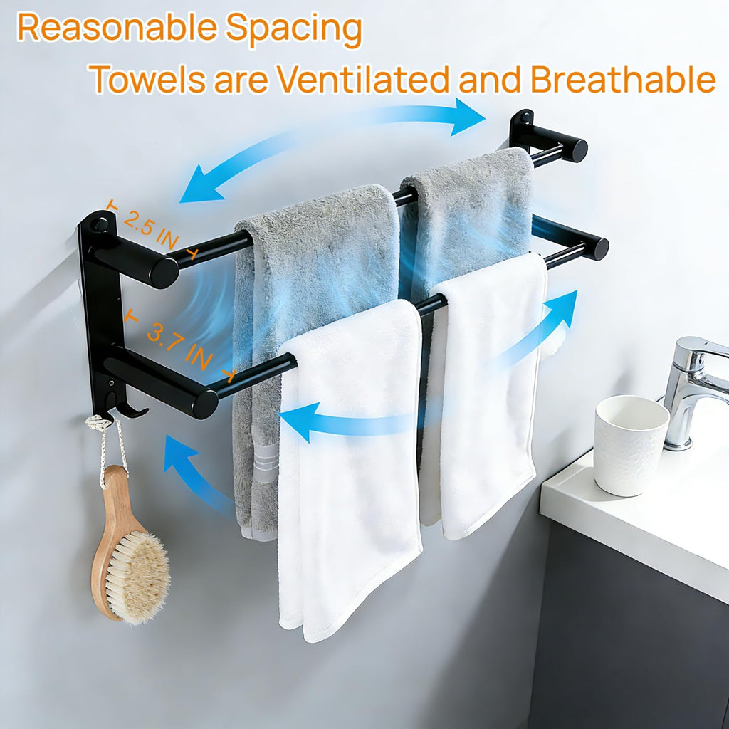 MEKENSO SUS304 Dual Bar Adjustable Towel Bar, Expandable Space Saving Towel Rack, Bathroom Towel Holder with Double Hook 16.9 to 29.9 Inch, No Drill/Screw Installation.（Black）
