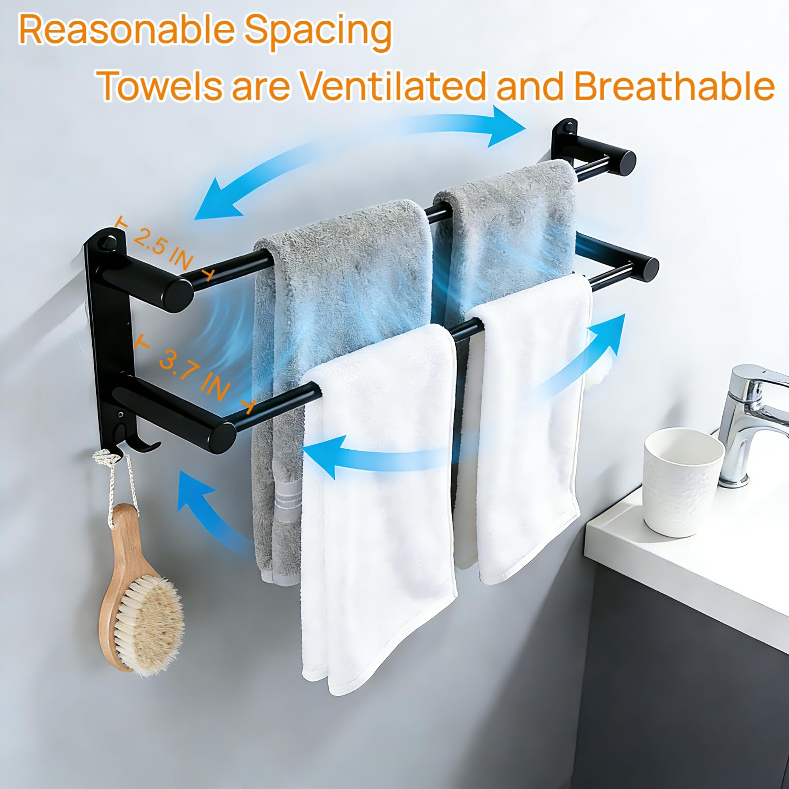 MEKENSO SUS304 Dual Bar Adjustable Towel Bar, Expandable Space Saving Towel Rack, Bathroom Towel Holder with Double Hook 16.9 to 29.9 Inch, No Drill/Screw Installation.（Black）
