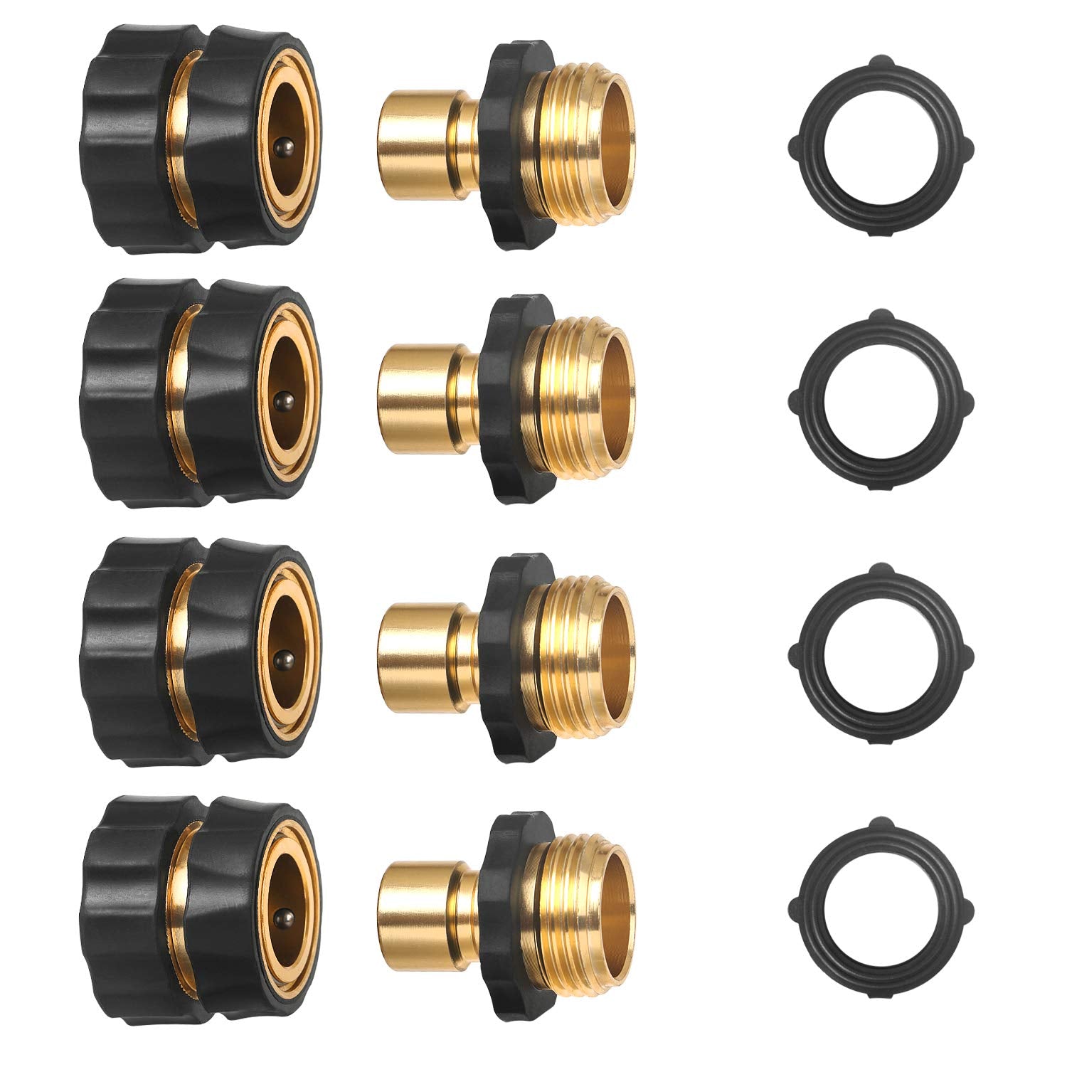 STYDDI 3/4" GHT Thread Aluminum Garden Hose Fitting Quick Connector Male and Female Value Pack - No-Leaks Water Hoses Quick Connect Release, 4 Set, with Extra 4 Washers