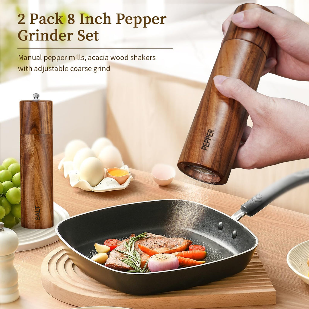 2 Pack Acacia Wooden Salt and Pepper Grinder Set, 8 Inches Refillable Salt and Pepper Mills with Adjustable Coarseness & Ceramic Core, Wood Peppercorn Shaker Salt Grinders Tableware Birthday Gifts