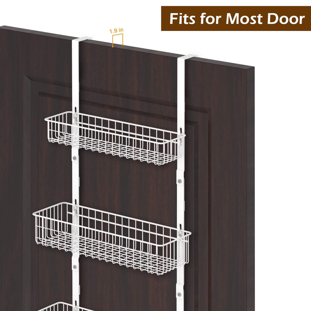 OYEAL Over The Door Basket Organizer 3 Tier Hanging Kitchen Storage Rack Heavy Duty Pantry Organizer with 3 Basket and 5 Hooks Door Back Metal Wire Basket for Kitchen, Bathroom, Office, White