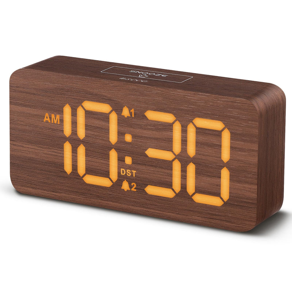 Wooden Digital Alarm Clocks for Bedrooms: Dimmable Dual Alarm Clock with Large Numbers for Bedside Desk - Loud Alarm for Heavy Sleepers with Volume Control - Wood Decor & Gifts