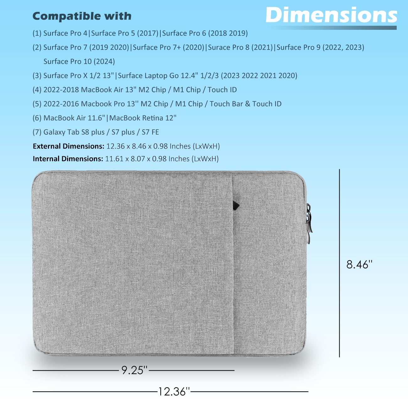 ProElife 12-Inch Laptop Tablet Sleeve Case for 2024-2014 Surface Pro 4/5/6/7/7+/8/9/10|Surface Laptop Go 1/2/3 12.4"|iPad Pro 12.9'' M2|Galaxy Tab S8+/S7+ Bag Water-Resistant Cover (Gray)