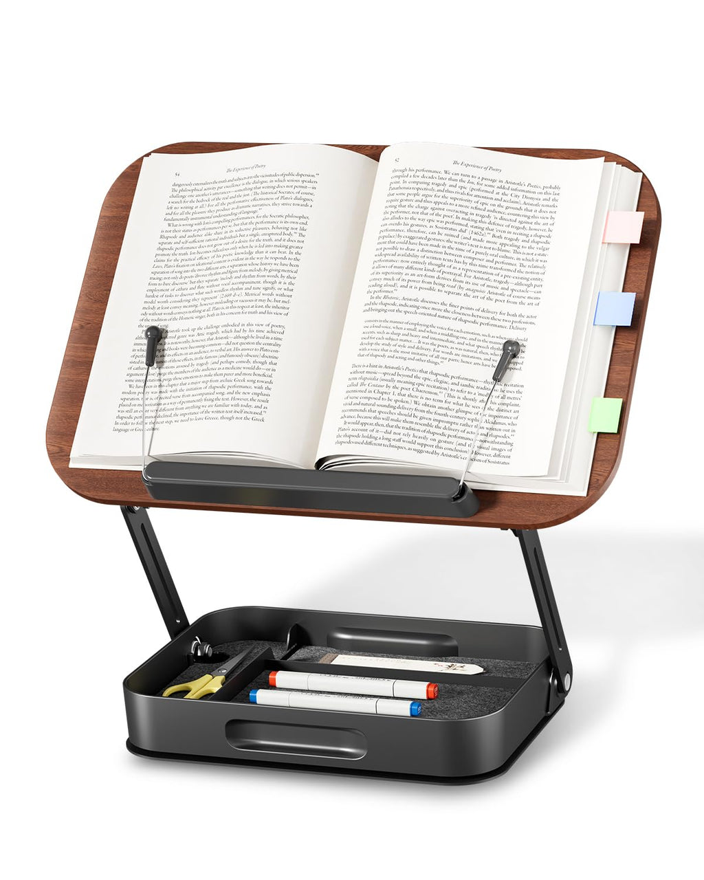 Adjustable Book Stand with Storage Drawer, 360° Rotating Book Holder, Height & Angle Adjustable, Extra-Wide Page Clips for Thick Books, Wood & Aluminum Book Stand for Desk, Study, Kitchen
