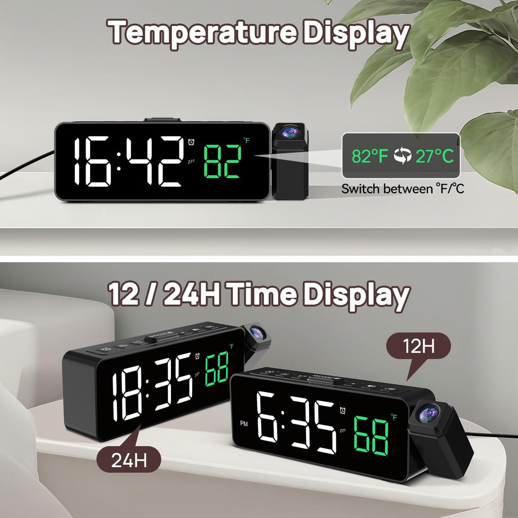 Netzu Projection Alarm Clock for Bedroom Ceiling, Compact Plug-in Digital Clocks with 180° Rotatable Projector, Temperature, 4 Levels Birghtness, 3 Volumes and Snooze (Black)