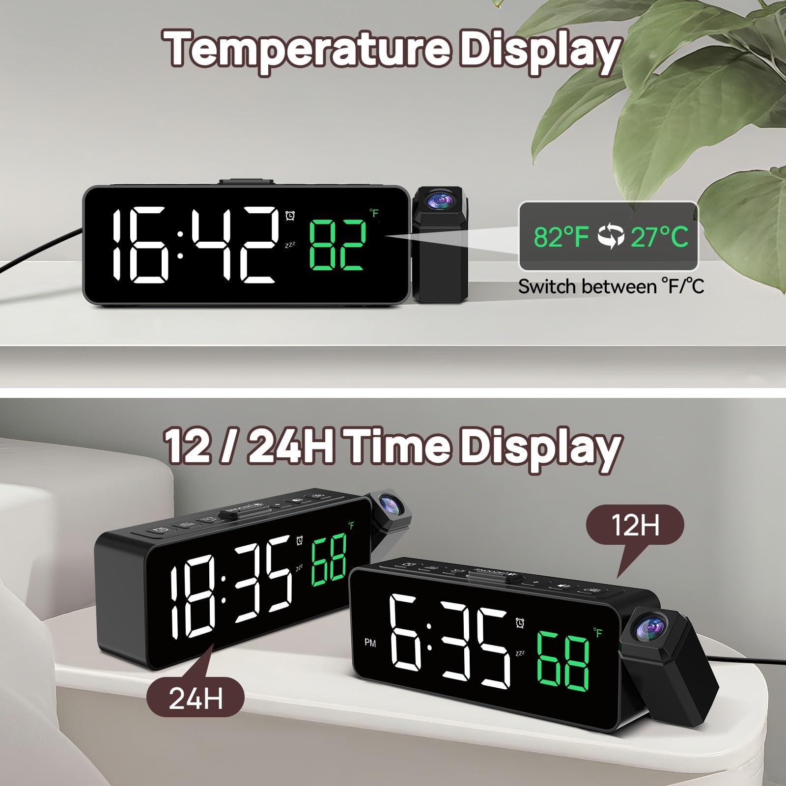 Netzu Projection Alarm Clock for Bedroom Ceiling, Compact Plug-in Digital Clocks with 180° Rotatable Projector, Temperature, 4 Levels Birghtness, 3 Volumes and Snooze (Black)