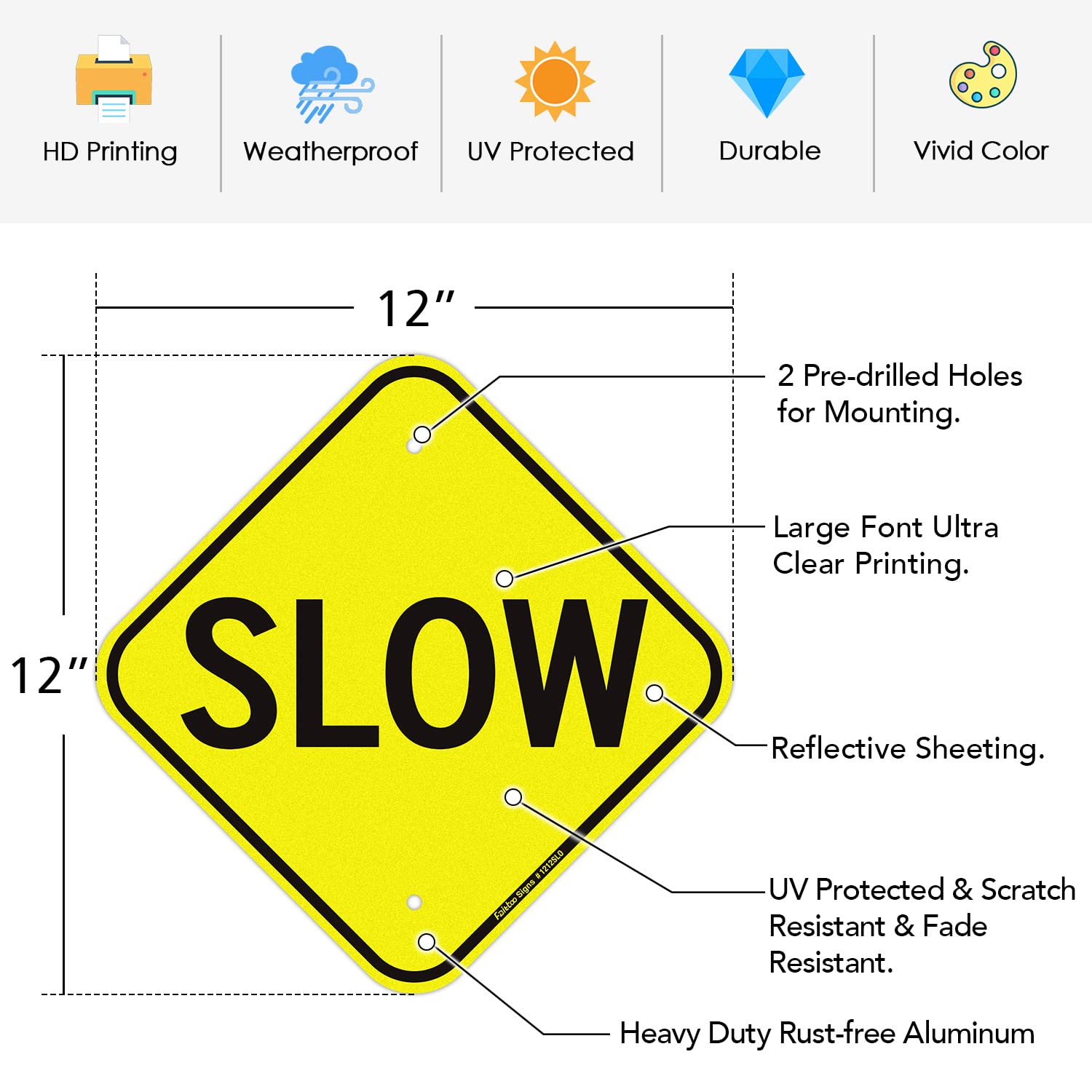 Faittoo Slow Sign, 2-Pack 12 x 12 Inch Reflective Rust Free Aluminum Traffic Signs, UV Protected, Weather/Fade Resistant, Easy to Install and Read, Indoor/ Outdoors Use