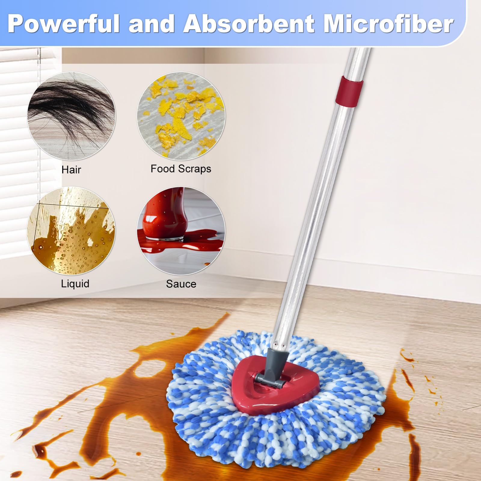 DLAIMI Spin Mop Head Replacement, Base, Mop Handle Replacement for Vileda RinseClean, 2 Microfiber Refills, 4-Section 30-59in Mop Stick, Cover and Scrubber(2-Tank System)