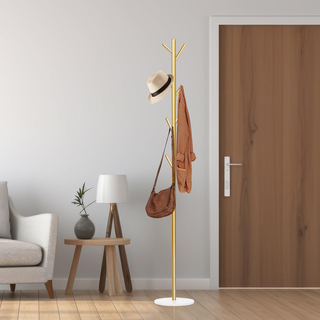 Coat Rack, Metal Freestanding Coat Rack with 8 Hooks, Sturdy Coat Tree with Natural Marble Base for Coats, Hats, Scarves and Handbags for Entryway, Hallway, Bedroom, Office(Gold)