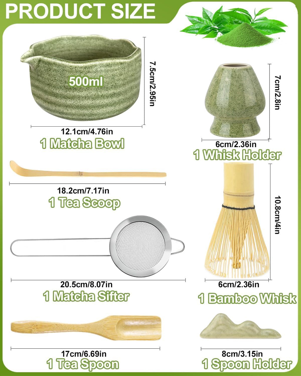 Matcha Set Matcha Tea Set 7 Pcs - Bamboo Matcha Whisk, Matcha Bowl with Spout, Matcha Whisk Holder, Sieve, Spoon and Holder, Japanese Matcha Accessories for Matcha Lover - Classic Green