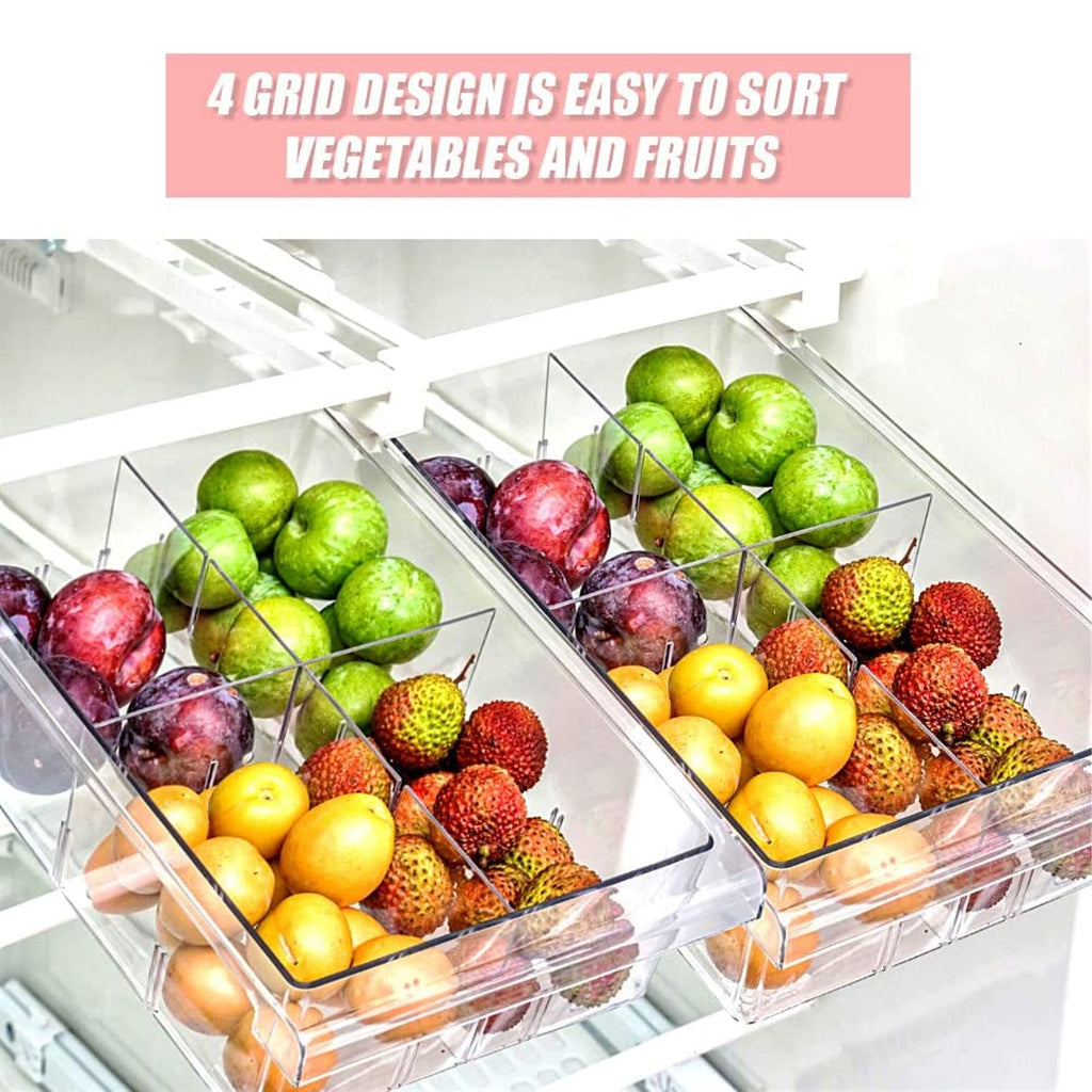 2 Pack Refrigerator Organizer Bins,Pull-Out Fridge Storage Drawer Design,Freely Pullable Refrigerator Storage Box with 4 Divided Sections,Fit for Fridge Shelf Under 0.6"