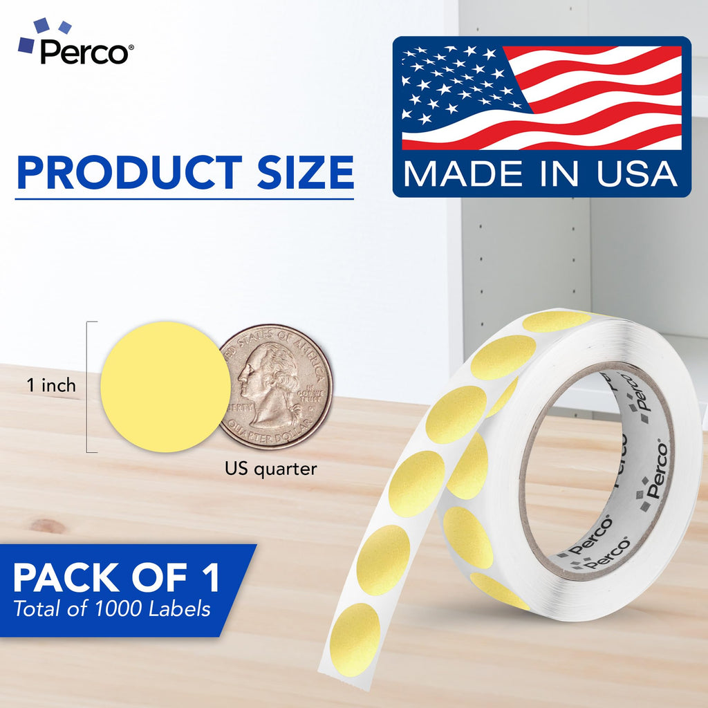 Perco Gold 25 mm (1-Inch) Round Circle Dot Sticker Labels with Permanent Adhesive for Wedding Invitations - 1,000 Labels per Roll - Vibrant Colors, Strong Adhesion - Made in USA