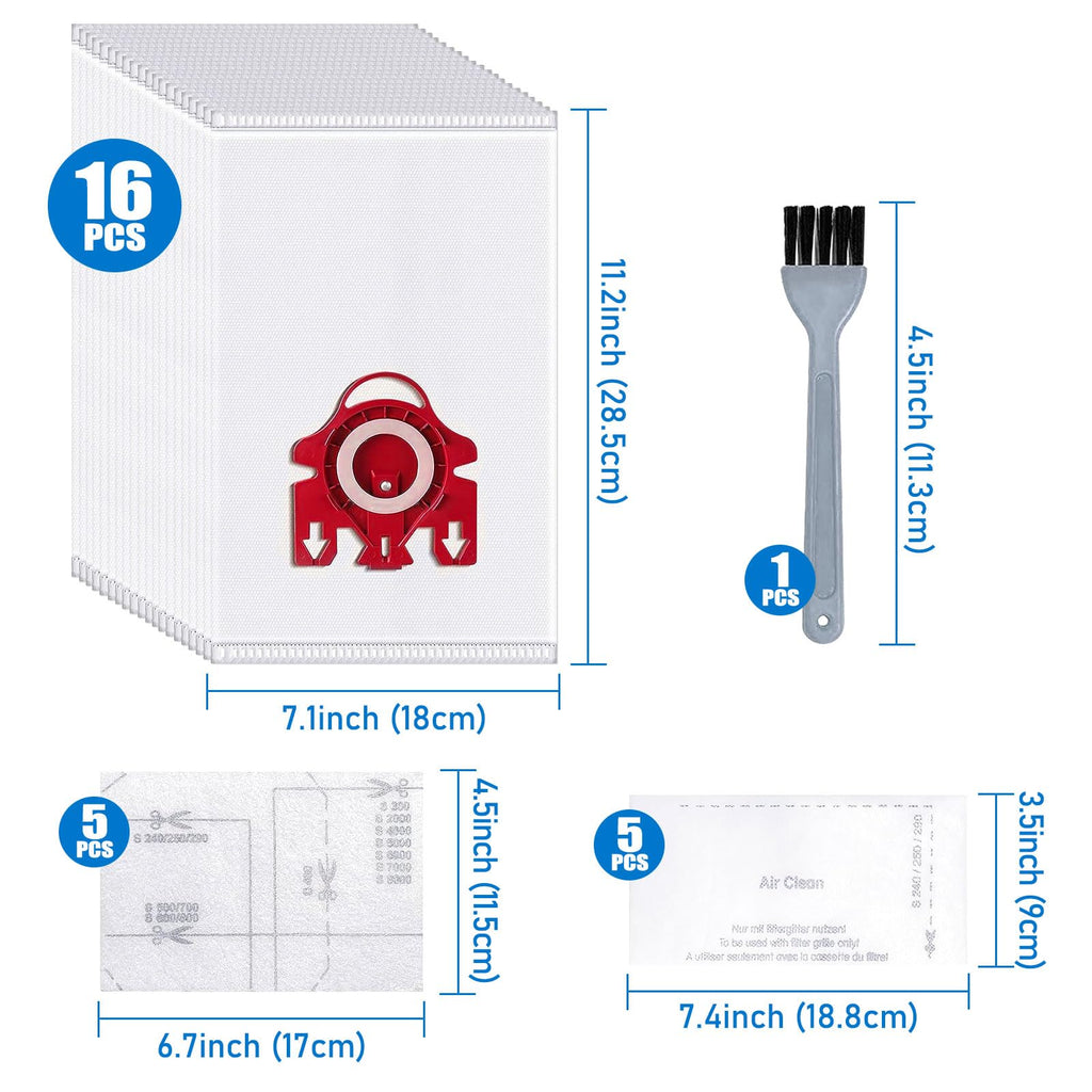 16 Pack 3D Replacement FJM Dust Vacuum Bags Compatible with GN Series Classic C1, Complete C1/C2/C3,S2,S3,S4,S5,S6,S7,S8 Series Vacuum Cleaner with 5 Motor Protection Filters,5 AirClean Filters
