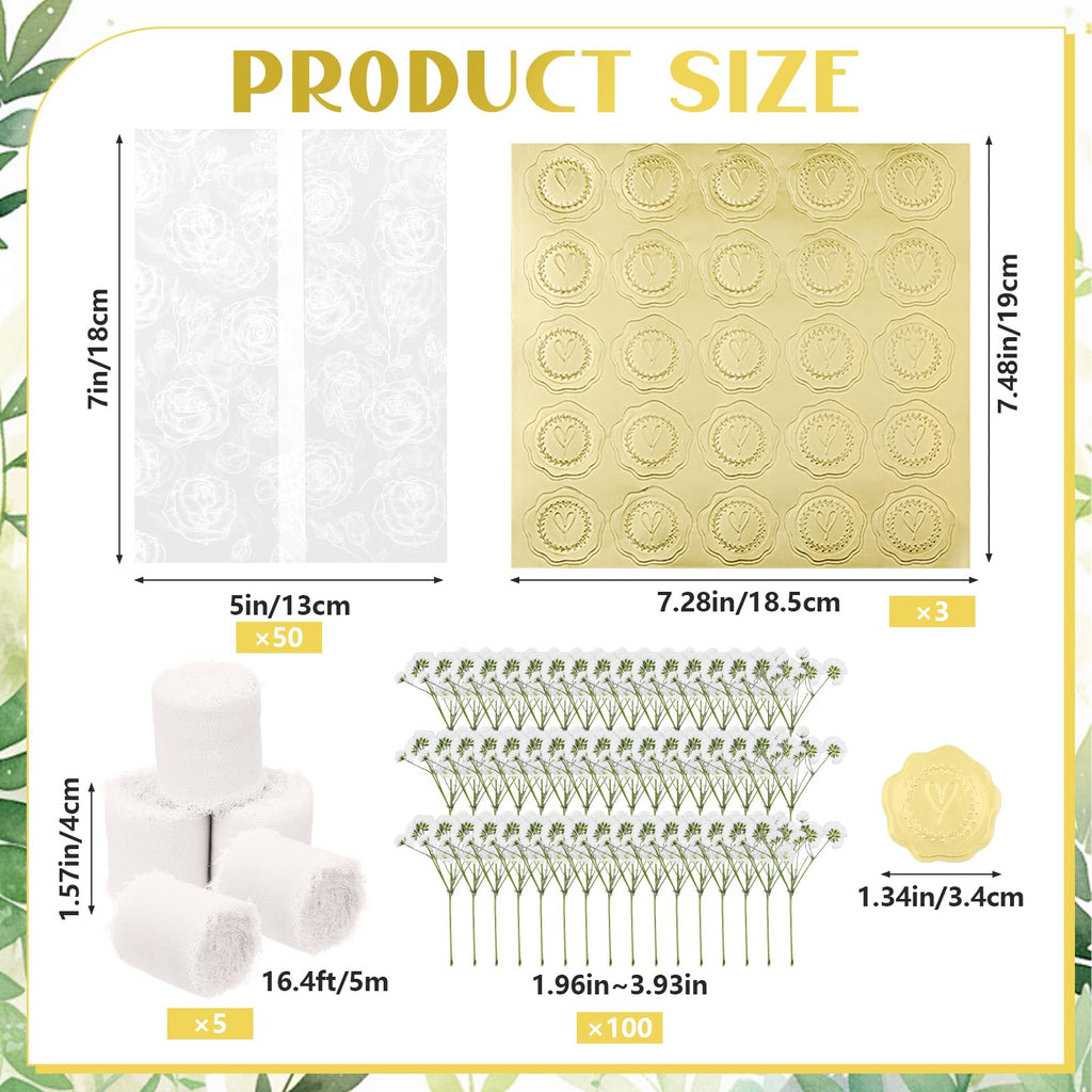 50 Sets Wedding Invitations Wraps Include 5 x 7 Pre Folded Vellum Jackets White Rose-Printed Transparent Paper Envelope Dried Baby's Breath Flowers Gold Foil Heart Stickers Chiffon Ribbons for Wedding