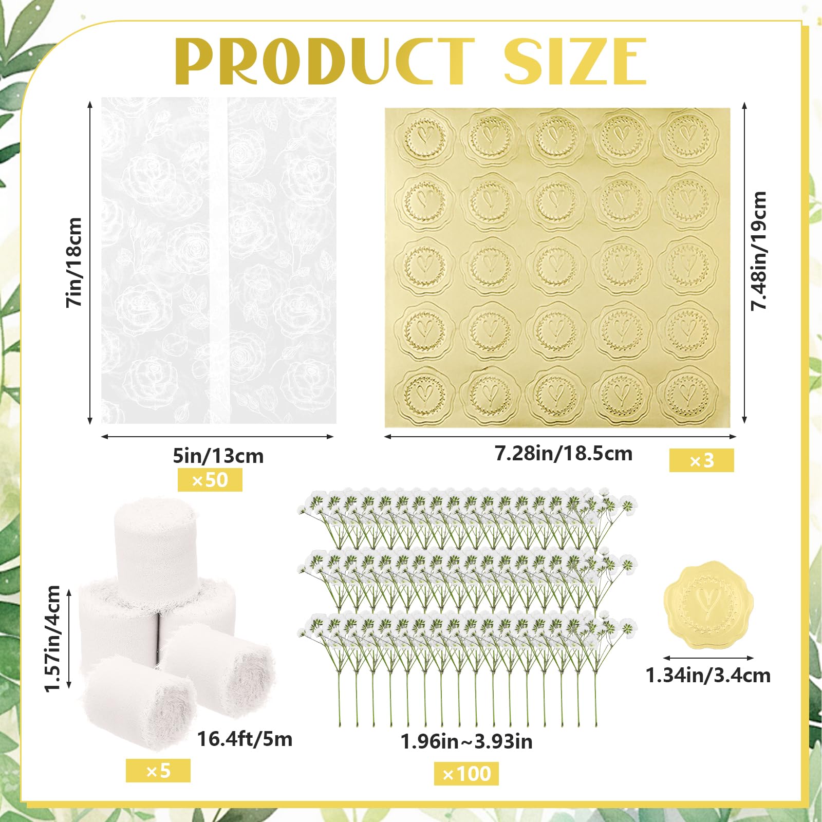 50 Sets Wedding Invitations Wraps Include 5 x 7 Pre Folded Vellum Jackets White Rose-Printed Transparent Paper Envelope Dried Baby's Breath Flowers Gold Foil Heart Stickers Chiffon Ribbons for Wedding