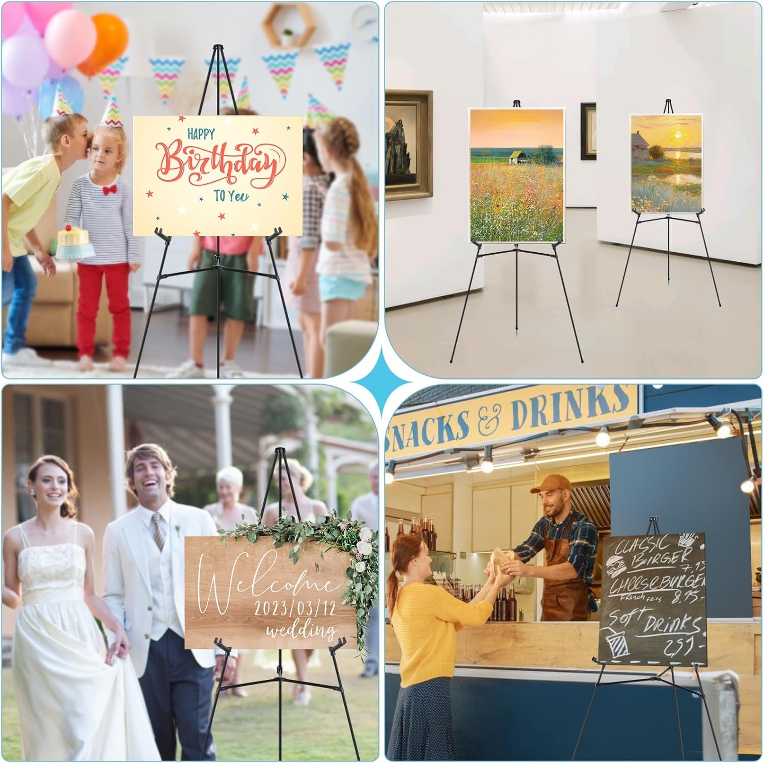 JEAWIWI 2 Pcs Black Easel Stand for Wedding Signs, 65" Black Adjustable Welcome Sign Stand, Foldable Portable Sign Easel Stand with Accessories, Metal Poster Easel for Art Displays and Events