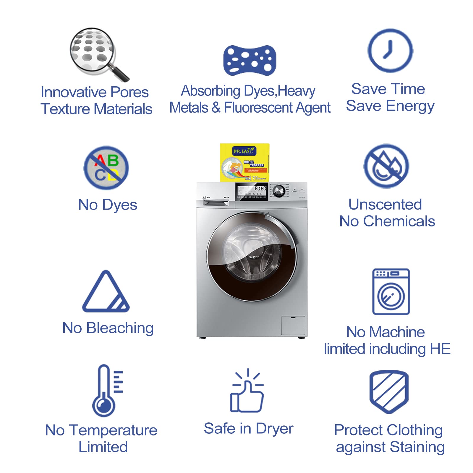 DR.EASY Color Trapper sheets for Laundry 120ct,remove dyes,fluorescent & heavy metals,maintain original color,Special Pores Texture absorb dyes more & faster,unscented,no Chemicals,safe in dryer