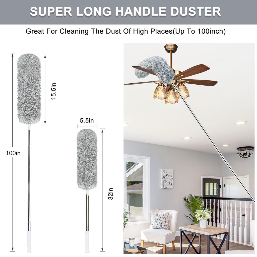 100-inch Extra-Long Dusters, Cleaner Tools with Extension Pole and Bendable and Washable Microfiber Head, Feather Duster for High Ceilings,Ceiling Fan,Furniture