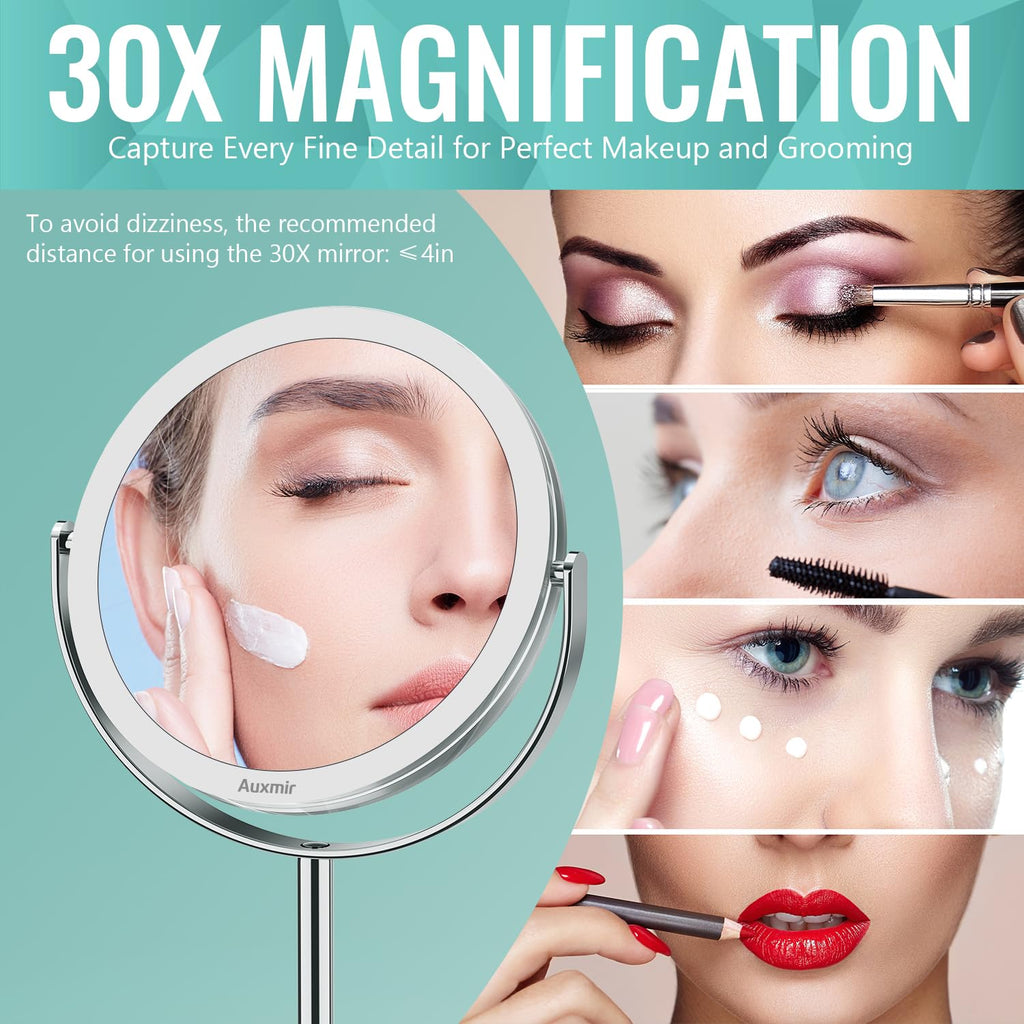 Auxmir Magnifying Mirror 30X /1X Makeup Mirror Double Sided with Magnification, Round Vanity Tabletop Mirror Crystal-Like Style 360° Rotation Portable for Dressing Table Desk Bathroom Bedroom Travel