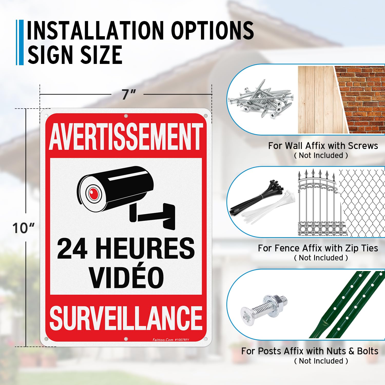 Faittoo 4 Packs de Avertissement 24 Heures Vidéos Signe, 7 Pouces par 10 Pouces, réfléchissant Aluminium. (4 Pack) French Video Surveillance Signs, 7" x 10", Reflective Aluminum, Indoor or Outdoor Use