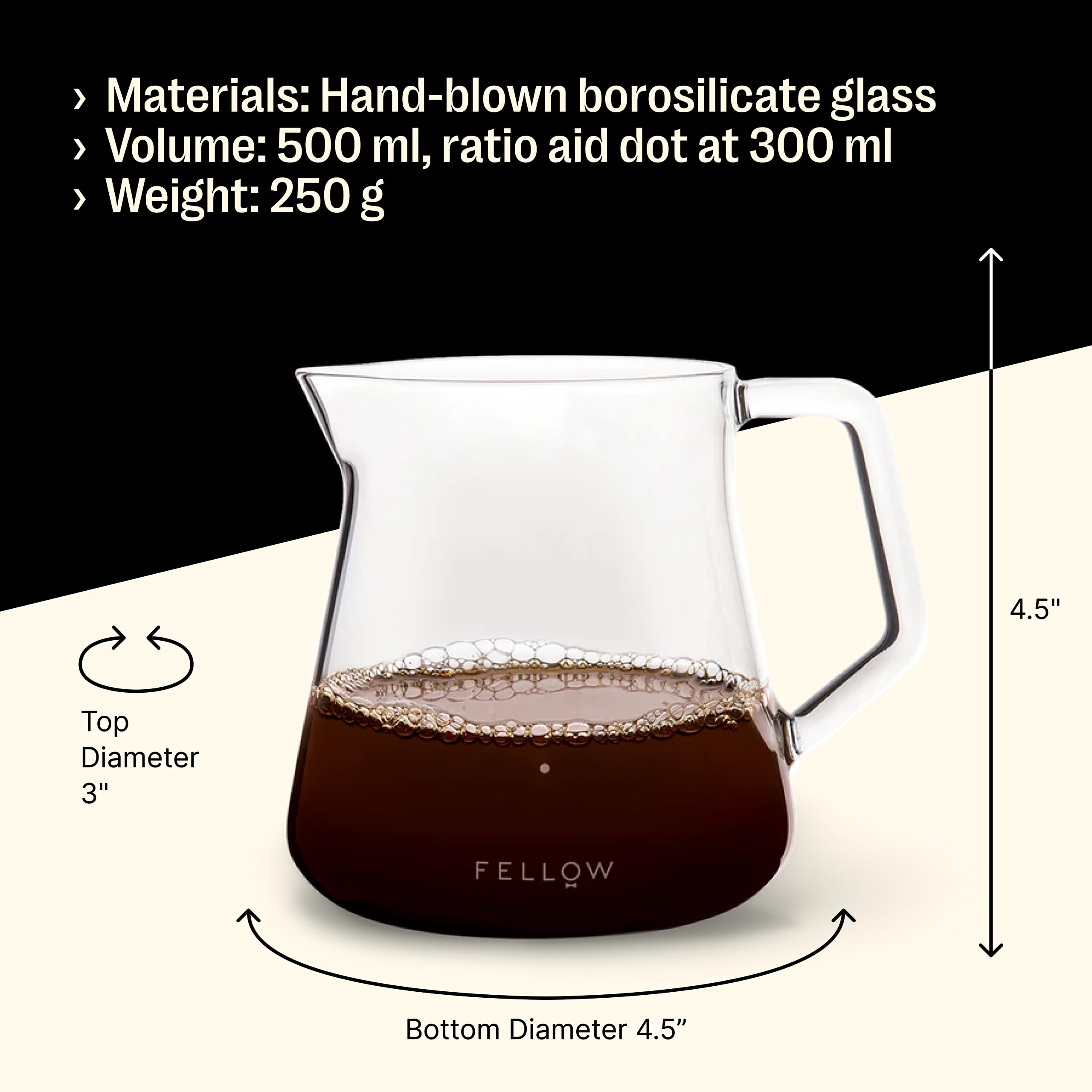 Fellow Mighty Small Glass Serving Carafe for Coffee, Clear 5mm Borosilicate Glass, 10 oz/300mL Capacity, No-Drip Spout, Sturdy Handl