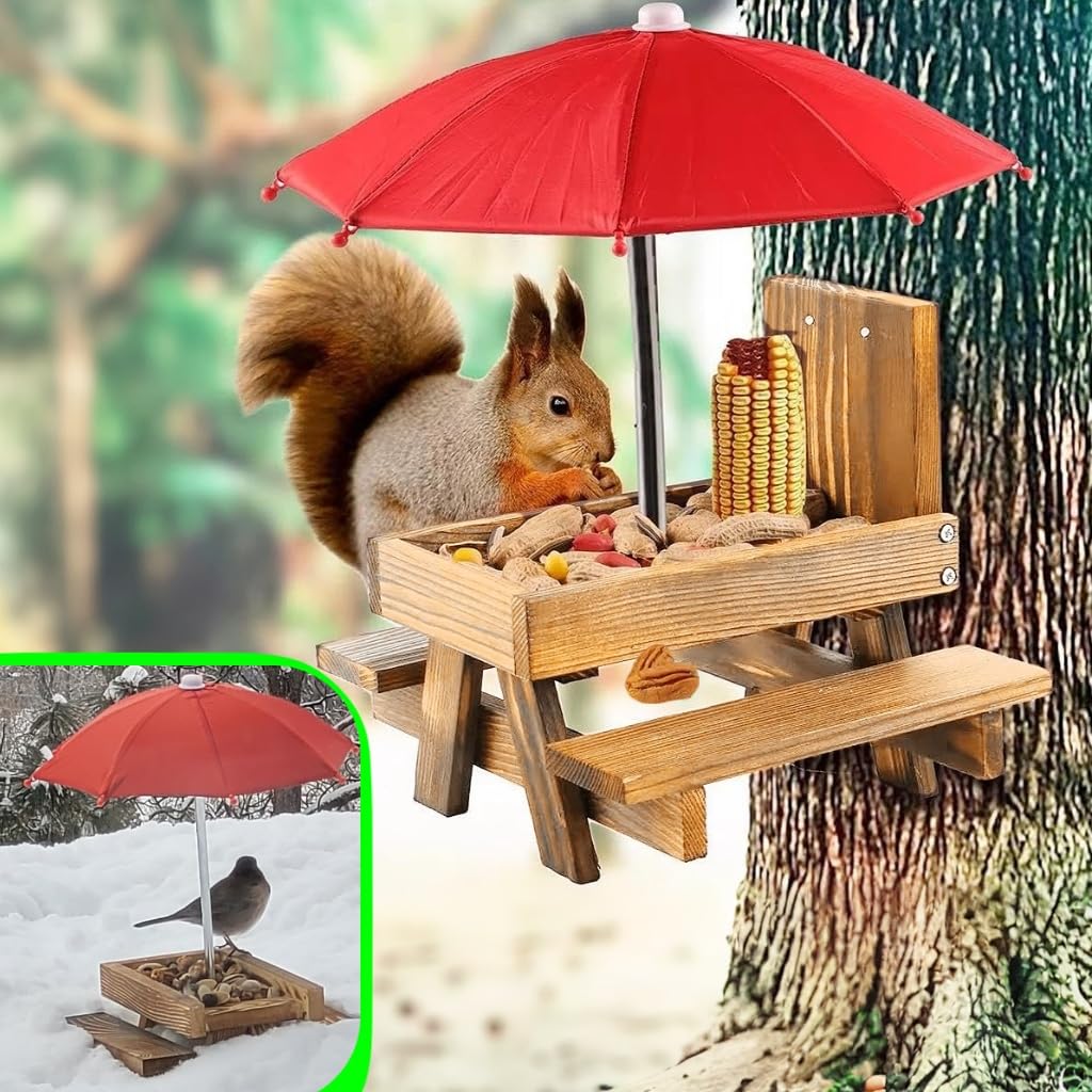 MTSBDM Squirrel Feeder Picnic Table with Umbrella and Corn Cob Holder, Outdoor Wildlife Chipmunk Feeder, Unique Garden Gift for Squirrel & Chipmunk Lovers