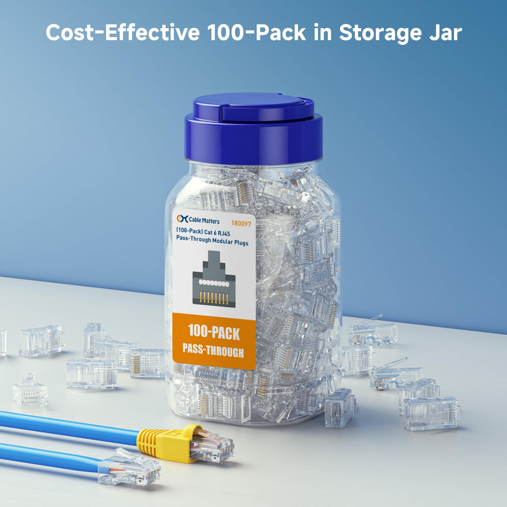 Cable Matters 100-Pack Cat 6 Pass Through RJ45 Connectors (Cat 6 Ends / Cat6 Connector / RJ45 Modular Plugs/Ethernet Plugs/Network Connector) for Solid or Stranded UTP Ethernet Cable