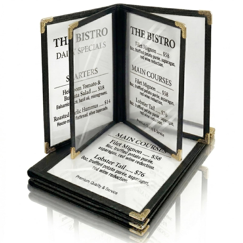 2PCS 8.5 x 11 Inch Menu Covers,4 Page 8 View Transparent Restaurant Menu Covers, Fits A4 Size Paper，Bar Cafe Restaurant Book Black Folder